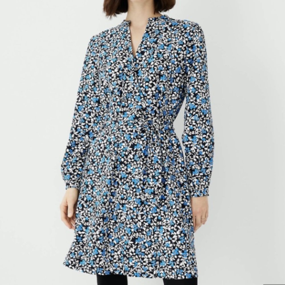 Ann Taylor Blue Floral Print Tie-Waist Dress